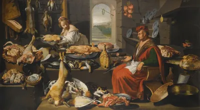A Kitchen Interior With A Chef And His Assistant Surrounded By Meats And Cooking Instruments A Fireplace To The Right