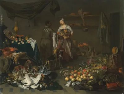 A Kitchen Interior With A Maid And A Servant Conversing