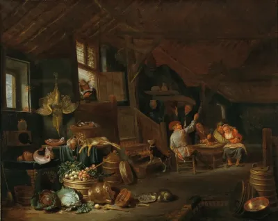 A Kitchen Interior With Peasants Carousing