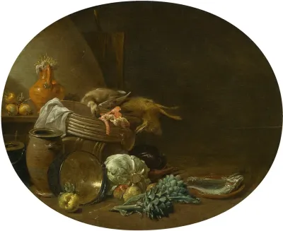 A Kitchen Still Life Of A Hare A Mallard Artichokes Cabbage Pears A Fish On An Earthenware Platter And Pots And Pans