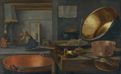 A Kitchen Still Life With Pots And Pans On A Stone Ledge And Animated Figures In The Background