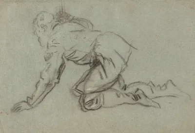 A Kneeling Man Holding A Staff Recto