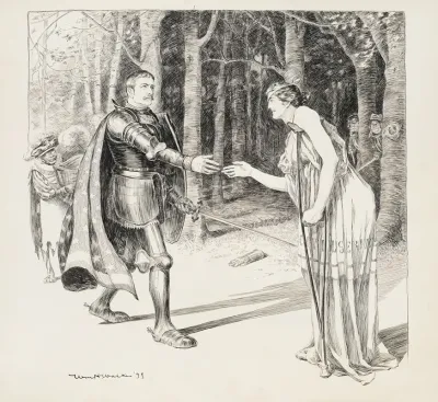 A Knight Rescues A Wounded Woman Representing The Civil Service Her Would Be Attackers Lurk In The Background