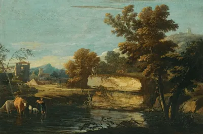 A Lacustrine Landscape With A Herder And His Animals Resting By The Water A Town Beyond