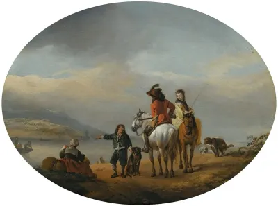 A Lady And A Gentleman On Horseback Being Shown To An Approaching Ferry By A Young Page