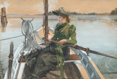 A Lady Dressed In Green And In An Elaborate Hat In A Row Boat