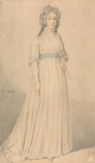 A Lady Full Length Wearing A Blue Sash And Holding A Fan