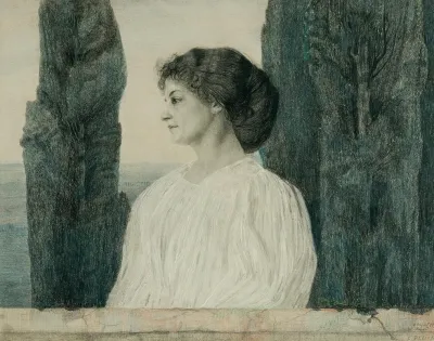 A Lady In White And In Profile Against A Southern Landscape With Cypresses