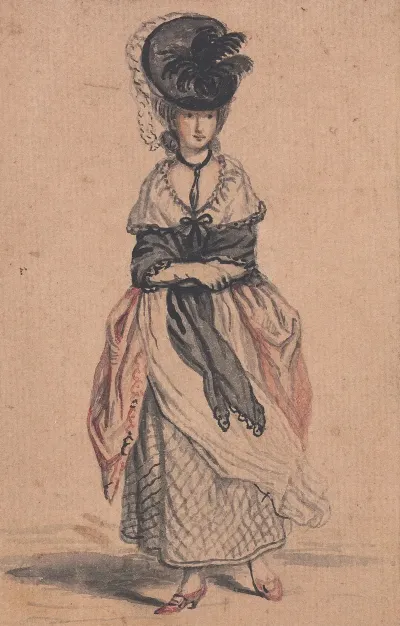A Lady Of Fashion With Black Shawl And Red Shoes