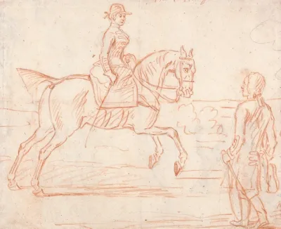 A Lady Riding Side Saddle Turns To Look At A Dismounted Rider