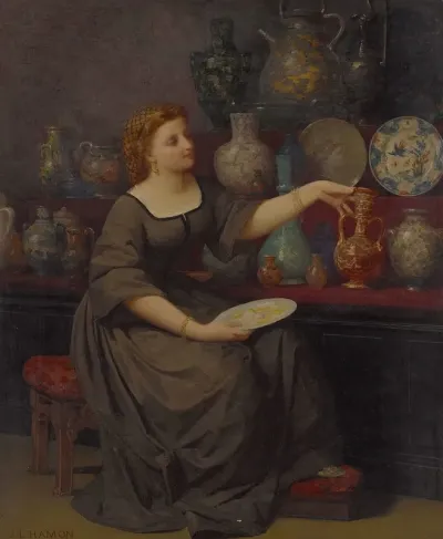 A Lady Seated Admiring A Vase