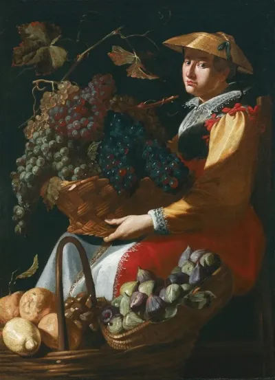 A Lady Selling Fruit Including Figs Lemons And Grapes