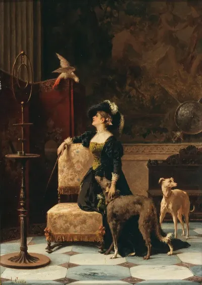 A Lady With Greyhounds And A Parrot