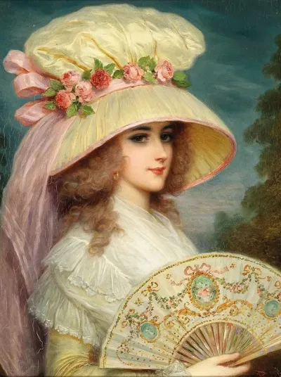 A Lady With Rose Hat And Fan