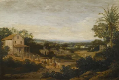A Landscape In Brazil Looking Down On The Varzea Europeans And Natives Approaching A Church In The Foreground