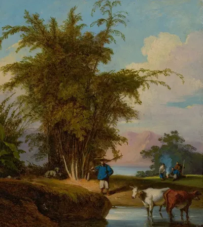 A Landscape In Macau With A Herdsman And Cattle Watering A Stand Of Bamboo Beyond