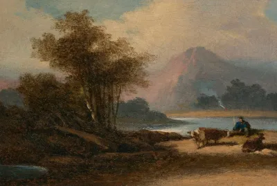 A Landscape In Macau With A Herdsman By A Lake