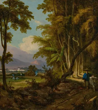 A Landscape In Macau With A Herdsman Walking Along A Track