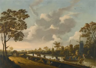 A Landscape With A Barge Being Towed Along A Canal