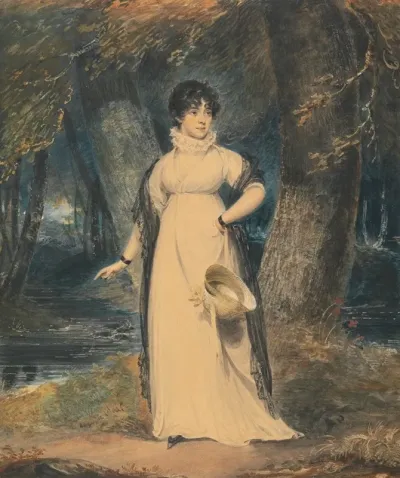 A Landscape With A Portrait Of A Lady Full Length Holding A Hat