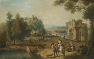A Landscape With A Roman Ruin And Figures Resting Beside A Stream
