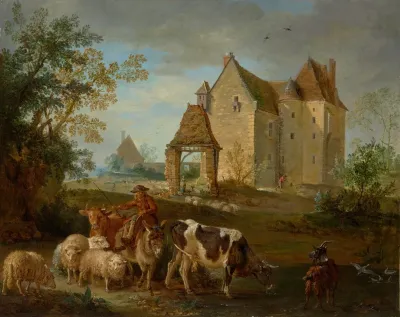 A Landscape With A Shepherd Driving Animals To Pasture A Castle Beyond