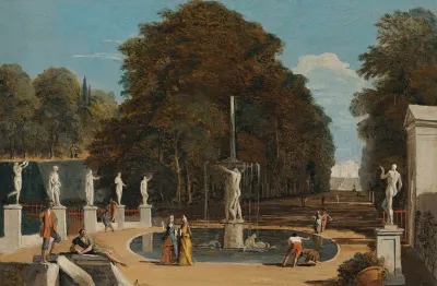 A Landscape With Figures Conversing In A Park Beside A Fountain