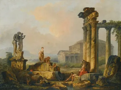 A Landscape With Shepherds And Shepherdesses Among Ancient Ruins With The Statue Of Castor And Pollux And The Pantheon Beyond