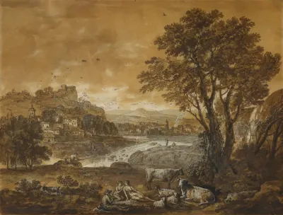 A Landscape With Shepherds Resting Under A Tree By A Cascade