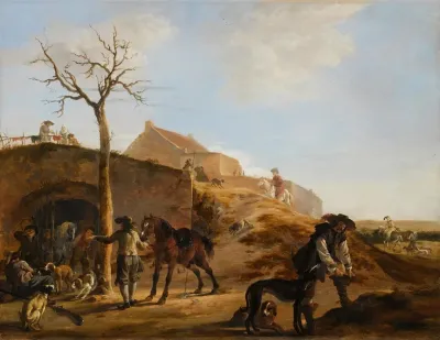 A Landscape With Sportsmen Preparing For The Hunt Together With Their Hounds And Horses