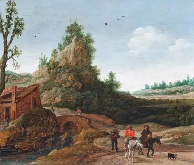 A Landscape With Travellers Crossing A Bridge Before A Small Dwelling Horsemen In The Foreground