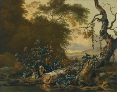 A Landscape With Trees And Foliage Beside The Edge Of A Pond