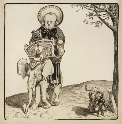 A Large Child Representing Infant Industries And His Bulldog Representing Wall Street Ride On Top Of The Republican Party Elephant