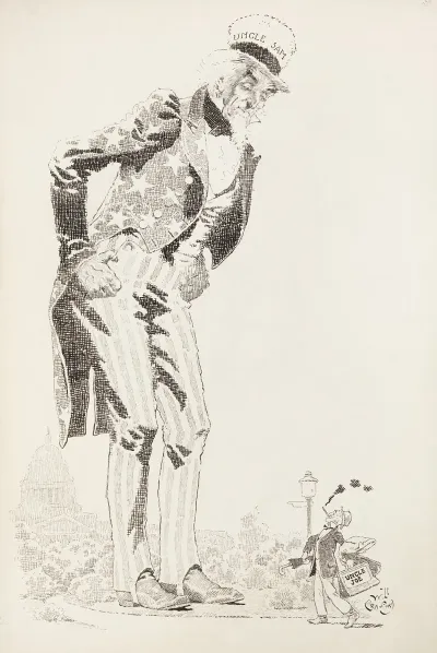 A Large Figure Of Uncle Sam Looks Down At A Small Figure Of Uncle Joe