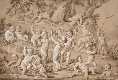 A Large Group Of Putti Playing Contentedly By A Stream