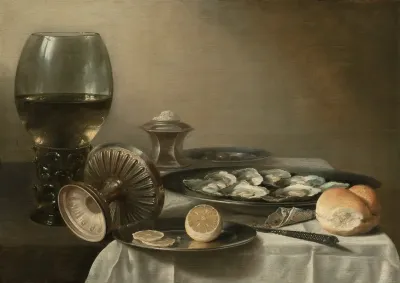 A Large Roemer Overturned Tazza Salt Cellar Partially Sliced Lemon Oysters Pepper Knife And Bread On A Partially Draped Table