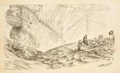 A Large Sailing Ship Representing Investors Sinks As A Small Group Of Pirates Row Away With Their Money
