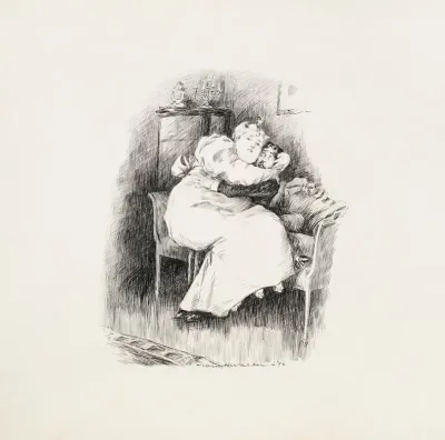 A Large Woman In White Sits On The Lap Of A Smaller Man In Black Who Is Seated On The Edge Of A Bed