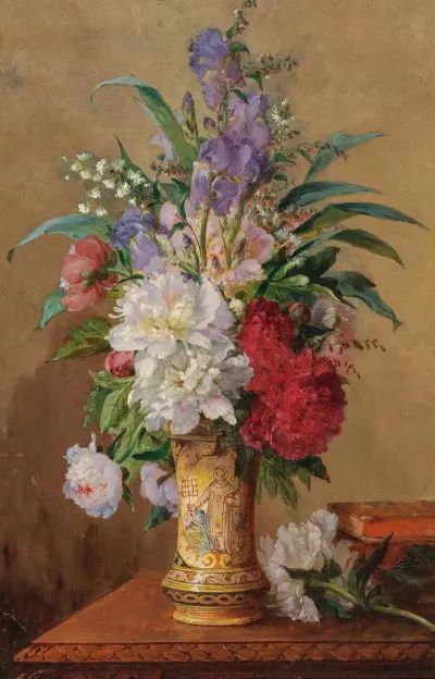 A Lavish Bouquet Of Flowers With Peonies In A Vase With The Image Of A Saint