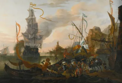 A Levantine Harbour With A Galley And A Man Of War Coming In To Anchor Together With Many Figures On Shore