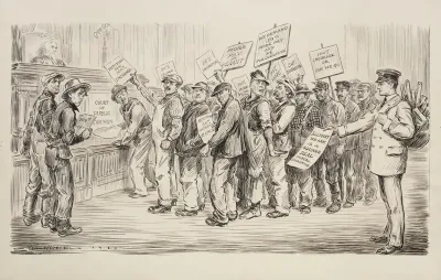 A Line Of Men At The Court Of Public Opinion Representing Various Groups Of Labor Demand 50 100 Pay Increases