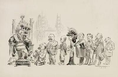 A Line Of Men In Suits And A Woman With A Paper Reading Votes For Women Wait For An Audience With A Man Dressed Like A King
