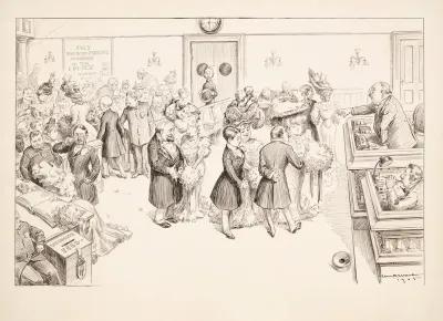 A Line Of People Wait To Be Married In A Courtroom