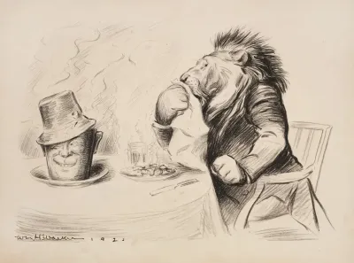 A Lion Great Britain Eats A Fine Dinner The Coffee Cup On The Table Has A Face