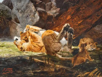 A Lioness With Playing Cubs
