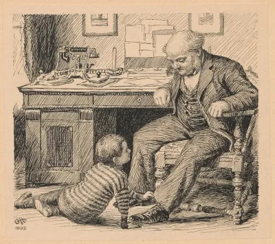 A Little Boy Is Tugging At The Trouser Leg Of A Man Possibly His Grandfather
