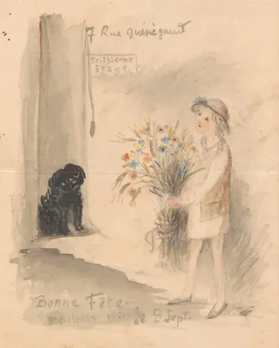 A Little Girl With A Bunch Of Flowers And A Dog