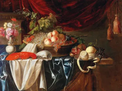 A Lobster Fruit And A Vase Of Flowers