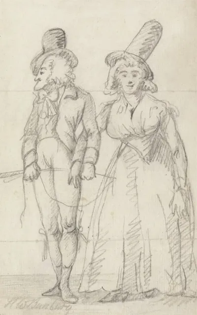 A Long Chinned Man Arm In Arm With A Bosomy Woman In Tall Hat