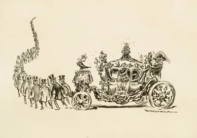A Long Line Of Men In Suits And Top Hats Pull An Ornate Carriage In The Place Of The Horses